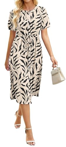 AUSELILY Women's Summer Short Sleeve Midi Dress Casual Crew Neck Tie Waist A Line Drawstring Dress Button Down Shirt Dresses Apricot Black Leaf, XL
