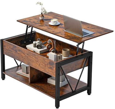 YITAHOME Tavolino da caffè con piano sollevabile, spazio di archiviazione a 2 livelli, tavolino da caffè regolabile in altezza con scomparto nascosto e piano d'appoggio, marrone vintage