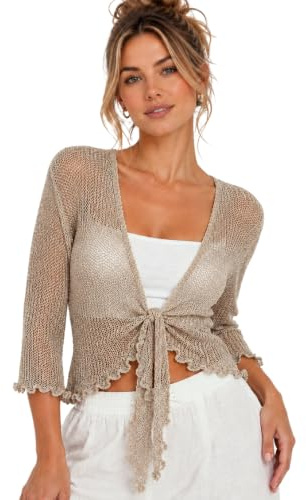 Hamishkane® Women’s Shrugs, Double Fine Knit Bolero Cardigans for Women, 3/4 Sleeve Tie Front Top, Stretchy Cropped Cardigan, Ladies Evening Tops, Lightweight Summer Shrug