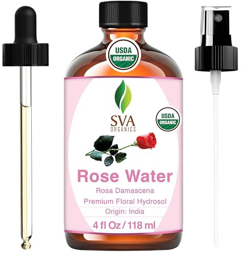 SVA ORGANICS Eau de rose, certifiée USDA (118 ml) 4 oz - 100% pure et naturelle, vaporisateur d'eau de rose rafraîchissante | Soins de la peau, bain, savons, soins capillaires, arôme naturel de rose.