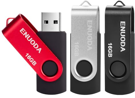 ENUODA 16GB Memory Stick 3 Pack USB 2.0 Flash Drive Swivel Design Pen Drive USB Stick Thumb Drive for Data Storage (Black Silver Red)