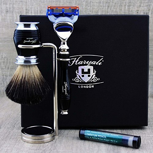 Haryali London Black Luxury Herren Rasierset 5 Edge Rasiermesser, Rasierpinsel, Rasierständer und Alaun Pencil