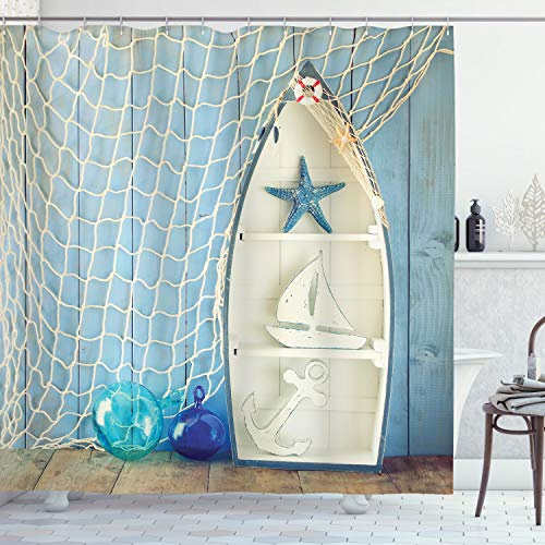 ABAKUHAUS Nautisch Duschvorhang, Marine Seestern, Stoffliches Gewebe Badezimmerdekorationsset mit Haken, 175 x 200 cm, Blau