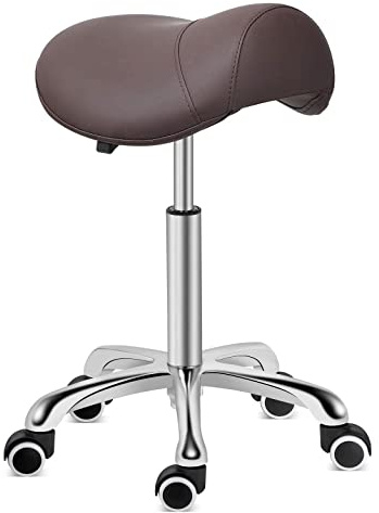 Kaleurrier Saddle Stool Rolling Swivel Height Adjustable with Wheels,Heavy Duty Saddle Chair,Ergonomic Stool Chair for Hair Salon Lab Clinic Dental Massage Home Office Kitchen (Coffee, Without Back)