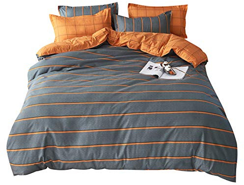 ED-Lumos Juego de Sábanas 180x220 cm, Suave Poliéster, Antiarrugas y Sin Olor - Incluye Funda Nórdica, Sábana y 2 Fundas de Almohada - Rayas Gris Oscuro y Naranja