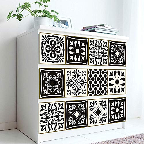 Stick on Tiles Beige Geometric Black Tile Stickers PVC Self Adhesive Wall Tiles Heat Resistant Tile Stickers for Kitchen Bathroom Waterproof Peel and Stick Floor Tiles Tile Paint 20x20cm