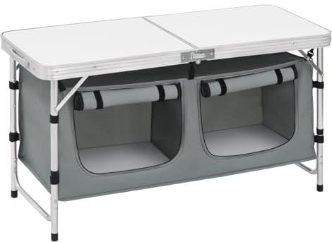 WOLTU Tavolo Campeggio Pieghevole Mobile Cucina in MDF e alluminio Tavolo da Picnic con 2 Scomparti Esterno Regolabili in Altezza, 120 x 47 x 62/69.5 cm