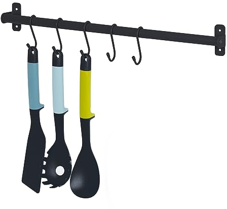 LIVIVO Hanging Rail for Storage Kitchen Hallway Holder Shelf Dish Drain Plates Bowl Utensil Cutlery Knives Pots Paper Towel Coats Jackets Clothes with 5 'S' Hooks (Single Rail 50cm, Black)