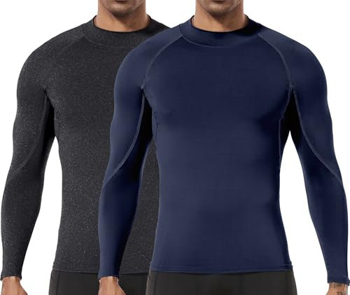 Herren (2er Pack) Kompression Langarm Stehkragen Wintersport Baselayer T-Shirts Tops Marine/Kohlenschwarz08-L