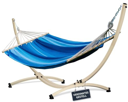 Potenza Outdoor Hängematte mit Gestell für 2 Personen I Stabhängematte XXL 220x160, 200kg I Verzinkter Hängemattengestell 220kg Wetterfest (Blau, Gestell Ecru)