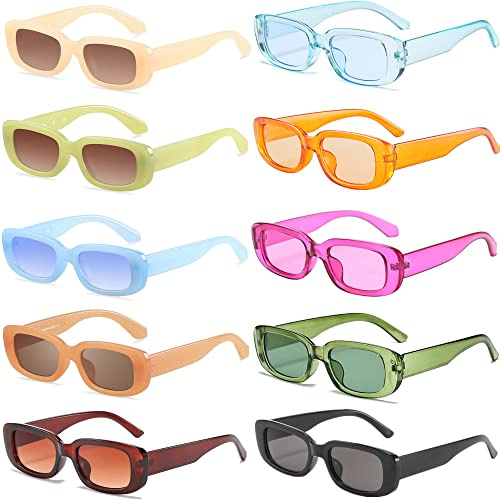 FSMILING 10 Stücke Retro Rechteckige Sonnenbrille Set Vintange Sonnenbrille Damen 90's Bunte Brille
