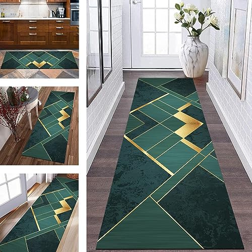 Teppich Läufer Lang Flur Küche rutschfest waschbar Küchenläufer Polyester 50X180CM Korridor Teppichläufer Grün Gold Modern Schlafzimmer Wohnzimmer Küchenteppich Meterware Teppichmatten Flurläufer
