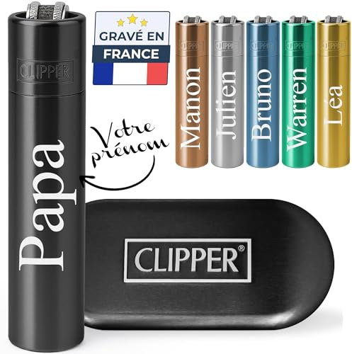 KDO MAGIC Briquet Clipper Personnalisé en Métal Noir Coffret Inclus | Idée cadeau pour homme | Fête des pères | Pierre Changeable | Briquet personnalisable avec un prénom | Noël | Anniversaire