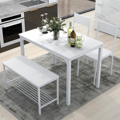 SogesHome Essgruppe Esstisch Set 4-teilig Esszimmertisch Möbel Tisch Set 2 Stühlen und Sitzbank mit Ablage aus Holz und Stahlgestell für Esszimmer Küche