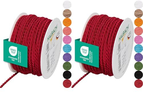 Halbach Seidenbänder Premium Kordel (rot) | Breite 4mm Länge 25m | Made in Germany & Öko-Tex Zertifiziert | glänzende Satinkordel aus Acetat (Packung mit 2)