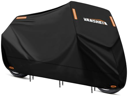 VANSHEIM Motorbike Covers for Outside Storage Oxford 420D Waterproof Rain Motorcycle Covers for Outside Storage Motorcycle Garage Cover with Locking Holes Anti-UV Dustproof Cycle Cover 265x105x125cm