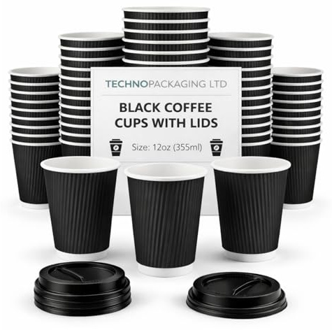 12 oz Black Disposable Kraft Paper Ripple Cups with Lids - Pack of 50 Insulated Triple Wall Takeaway Drinking Cup - Great for Coffee, Tea, and Hot Drinks - Reusable, Leak Proof Travel or Office Cups