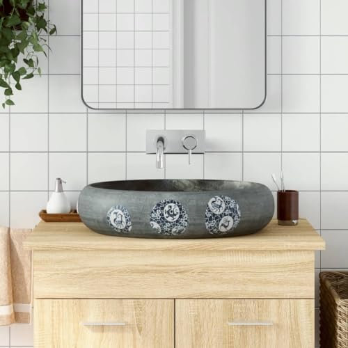 Gecheer Lavabo da Appoggio Grigio Ovale 59x40x15 cm Ceramica,Lavello per Bagno,Lavabo Bagno,Lavandino da Appoggio,Lavabo in Ceramica,Lavabo Rotondo,Lavandino Rettangolare