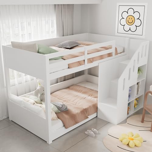 Dolamaní Hochbett 90x200cm mit Treppen und Schließfächern, Kinder-Etagenbett mit stabiles Geländer, Doppelbett mit staurum, multifunktionales Kinderbett, ohne Matratze, Weiß (90x200cm, Treppe +)