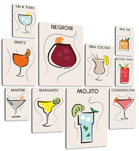 Giallobus - Set 10 Quadri Multi Pannello - Flat Cocktails - Legno MDF - | 2 x 42x29,7cm | 4 x 29,7x21cm | 4 x 21x14,85cm | - Pronti da Appendere - Quadri Moderni per la casa