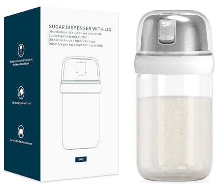 KITCHENDAO Zuckerstreuer aus Glas mit seitlichem Ausgießer, eingebauter Deckel zur Verlangsamung der Feuchtigkeit mit Abriebspuren, eleganter Zuckerstreuer aus Borosilikatglas, BPA-frei, 9oz (weiß)