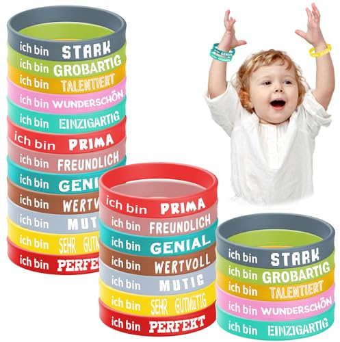 Szhhrxi 24 Stück Motivationsarmbänder Kinder Deutsch, Kindergeburtstag Mitgebsel Armband Kinder, Inspirierende Silikon Armbänder mit Positiven Sprüchen, Give Aways Kindergeburtstag