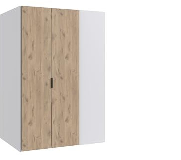 möbelando Drehtürenschrank >NORDERNEY< in Weiß/Viking Oak Nachbildung, B/H/T: 135/197/97 cm, 9 Einlegeböden, Kleiderstange, begehbares Design, Spiegel integriert, Made in Germany