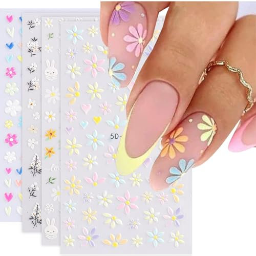 Adesivi per Unghie Floreali 3D con Margherite, 4 Pezzi Nail Art Primaverili Fai-da-te