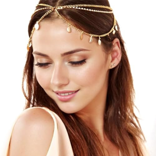 IKOPFLN Goldene Kopfkette für Frauen – Böhmisches Haarschmuck Stirnband, Verstellbares Kopfschmuck Accessoire für Festivals, Hochzeiten, Partys, Glamouröses Haarband für Mädchen und Damen