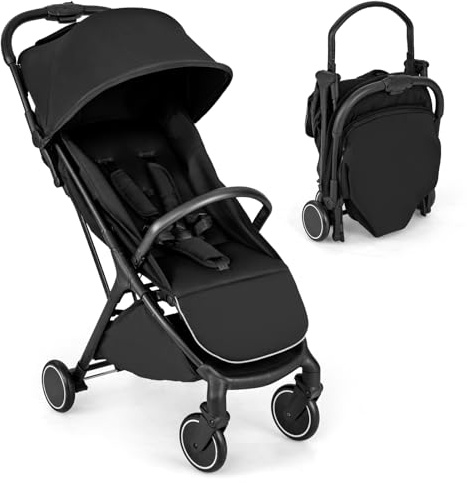 COSTWAY Passeggino Leggero Pieghevole per Bambini, Passeggiono Compatto con Schienale e Cappotta Regolabile, Cinture di Sicurezza a 5 Punti, Ruote con Freno, Fino a 15 kg (Nero)
