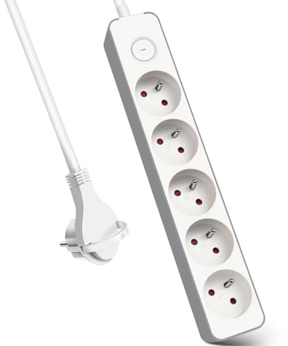 EXTRASTAR Multiprises 5 Prise avec Interrupteur Fiche Plate, Bloc 5 Prises, Rallonge 1.5m 230 V avec sécurité Enfant, Blanc