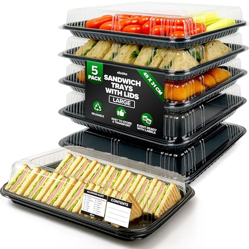 5er-Set Serviertabletts – 45 x 31 x 7,5 cm Servierplatte mit Deckel für Buffet Zubehör Partys und Catering, Einweg Inklusive Sticker-Etiketten