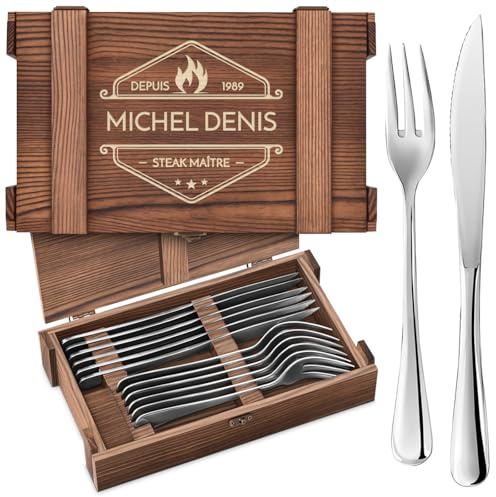 Maverton Couverts de Table à Steak, 6 Couteaux a Steak et 6 Fourchette | Set couverts a viande dans un Coffret Cadeau Homme Personnalisé, Set De Table avec Boîte en Bois