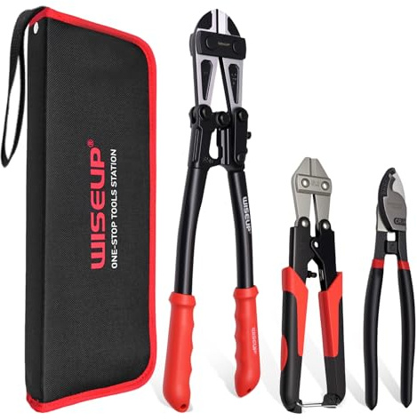 WISEUP Lot de 3 pinces coupe-boulons de 35,6 cm robustes et mini coupe-boulons de 20,3 cm, coupe-câble de 20,3 cm avec sac de transport, coupe facile des serrures, des fils barbelés en acier, des