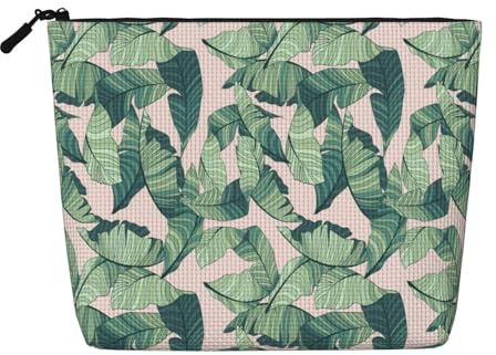 Water-Resistant Cosmetic Pouch Organizer for Women Travel, Makeup Bag with Zipper, Lightweight Daily Essentials Pouch for Toiletries Storage, Green Palm Tree Leaves Pink Fake Hemp Makeup Bag
