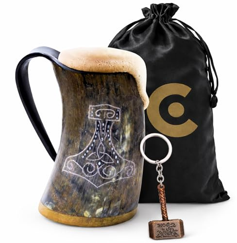 Viking Drinking Horn Mug Gift Set – Genuine Natural Horn Beer Mug with Handle, Thor Hammer Norse Keychain & Satin Pouch – Medieval Viking Gift for Men, Reenactment, Festivals & Collectors.