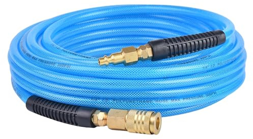 RainBello 50FT 1/4 Inch Air Hose Reinforced Polyurethane Air Compressor Hose - Flexible Heavy Duty Braided Pneumatic Hose with Quick Connect Fittings 300 PSI for Garage Shop Automotive Use