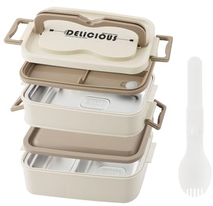 OITUGG Boîte à déjeuner à 2 couches avec intérieur en acier inoxydable, boîte à bento de 1800 ml pour adultes, design à 3 compartiments, avec cuillères, sans BPA, passe au micro-ondes, capacité de 1,8