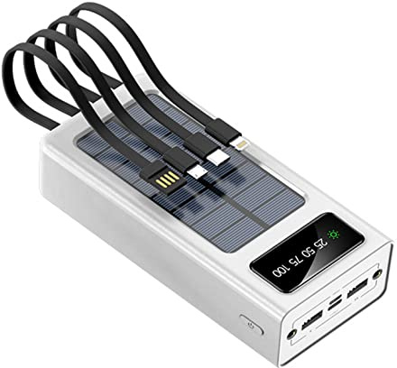Power Bank, Power Bank con quattro fili, 30000 mAh, grande capacità di ricarica, energia solare, compatibile con il 99% dei dispositivi USB sul mercato, batteria per telefono, bianco