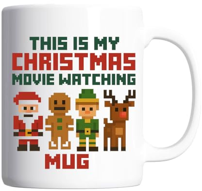 Pickhut This is My Christmas Movie Watching Mug – Funny Pixel Gamer Style Coffee Cup with Santa, Elf, Reindeer & Gingerbread – Retro Gaming Xmas Gift for Him, Her, Friends, Secret Santa