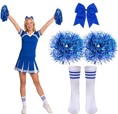 4er Set Cheerleader Kostüm Zubehör mit 2 Metallfolie Pompons 1 Haarschleife 1 Paar Therme Socken für Cheerleading Tanz Wettbewerb Gymnastik Damen Mädchen (Blau)