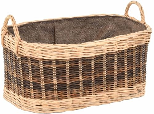 Holzkorb für Kaminholz Rattan geflochten mit Griffen und Stoff Tragekorb Holz (Braun Gestreift Natur, 64x50cm)
