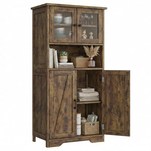 JOLLYTOP Freistehender Hochschrank Aus Holz Mit Glastüren & Verstellbaren Einlegeböden – Mehrzweck Aufbewahrungsschrank Mit Offenem Fach Für Flur, Küche, Bad & Büro,Vintage