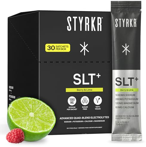 Styrkr SLT+ High Sodium Electrolyte Powder Sachets (30 Servings 1000mg+ Sodium) – Zero Sugar Hydration Drink Mix for Running, Cycling & Endurance – Electrolytes with Magnesium & Potassium (Berry/Lime)