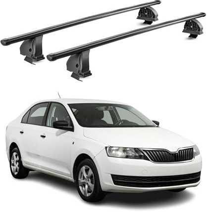 OMAC Stahl Dachträger Querträger Skoda Rapid 2012-2019 – TÜV/DIN 75302:2019 – Abschließbar – Max. 75 kg – 2 Stangen – Schwarz