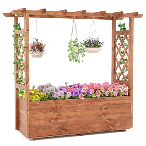 COSTWAY Garden Planter with Trellis, Hanging Roof and Drainage Holes, Wooden Raised Bed for Climbing Vine Plants, Indoor Outdoor Trough Container Grow Box Flower Pot (Orange, 115 x 40 x 103 cm)