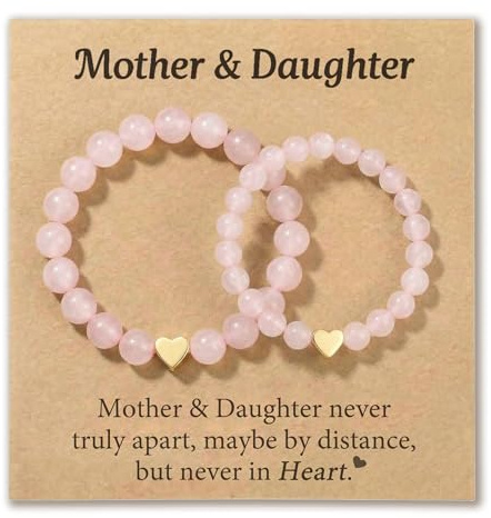 Zosutetoxo Bafutayawa Armband Madre Figlia, 2 Pezzi Bracciali con Ciondolo a Cuore in Quarzo Rosa, Regalo per Festa della Mamma Compleanno Natale