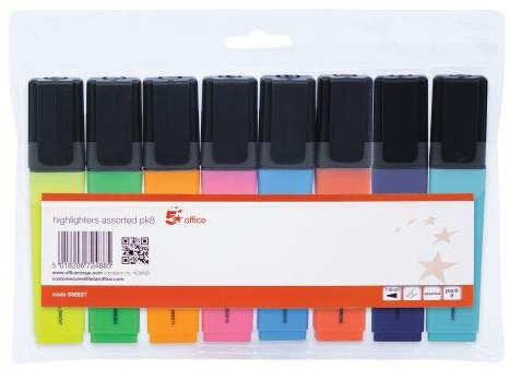 5 Star Office Highlighters Chisel Tip 1-5mm Line Assorted [Wallet 8]
