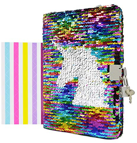 VIPbuy Tagebuch mit Schloss und Schlüssel Notizbuch für Mädchen Kinder Pailletten Wendbare Tagebücher Notizbücher A5 liniert mit 1 Blatt Fotoecken, 156 Seiten, 21,5 x 14 cm, Einhorn