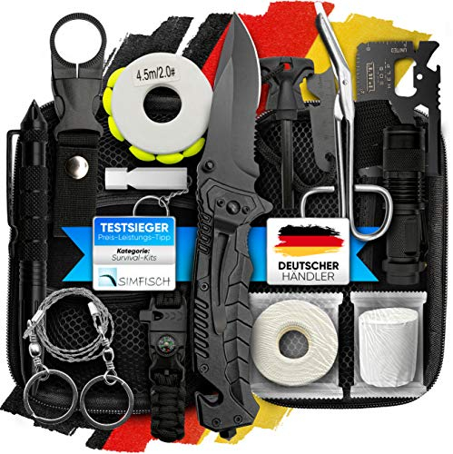 Jungle Monkey® Survival Kit - 17 in 1 Funktionen Premium Set mit Messer und Taschenlampe - Outdoor Ausrüstung für Wandern & Camping - Survivalkit Equipment - Notfall Überlebensausrüstung